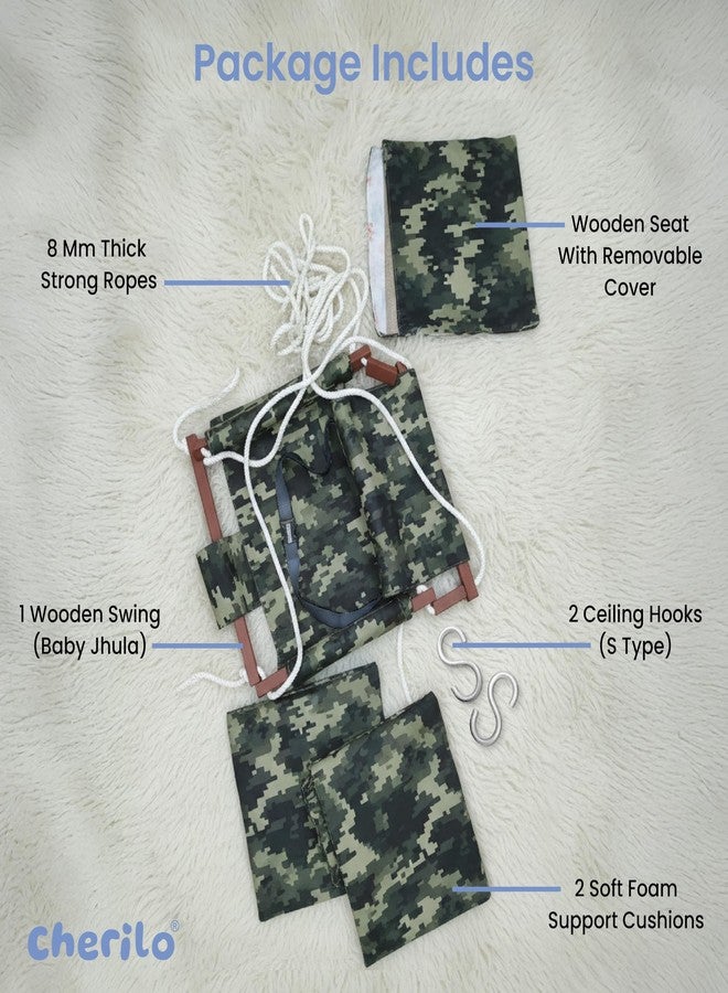 Cherilo Swing for Kids 1-5 Years | Indoor & Outdoor Wooden Jhula for Kids | Safe Comfortable Swing with Cushions & Safety Belt | Strong Durable Wooden Frame - Camouflage - Image 3